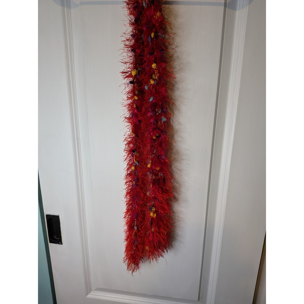 Red Eyelash Knit Fuzzy Scarf with Multi Color Pom Pom Accents Long Skinny Scarf